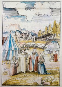 El futuro emperador Maximiliano I, guiado por su padre, Federico III, se reúne con su novia, María de Borgoña, en Neuss ... de Albrecht Altdorfer