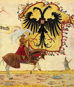Procesión triunfal del emperador Maximiliano, escena: estandarte y espada imperiales, detalle de Albrecht Altdorfer