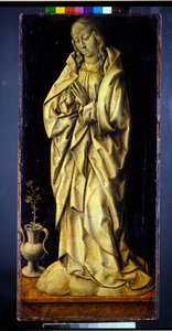 Antiguamente las alas de un tríptico, una pareja, Figuras femeninas personificando la sabiduría y la generosidad, con la anunciación (panel; en grisalla verso)