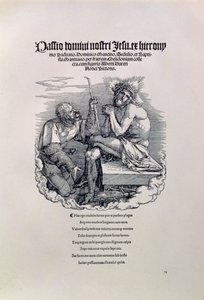 Un soldado romano burlándose de Cristo, con el nombre del artista en latín arriba y abajo un poema que reprende al hombre por sus pecados, portada de la serie La Gran Pasión, pub. 1511