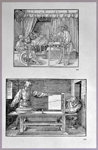 Aparato para traducir objetos tridimensionales en dibujos bidimensionales, dos escenas del primer libro técnico del artista Introducción en el Arte de la Medición con Compás y Regla, escrito