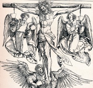 Cristo en la cruz con tres ángeles de Albrecht Dürer