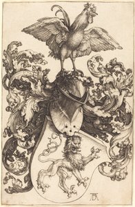 Escudo de armas con un león y un gallo