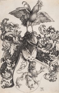 Escudo de armas con un león y un gallo