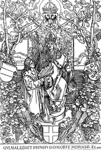 Conrad Celtes presentando su libro Quatuor Libri Amorum a Maximiliano I, 1502