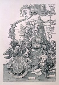 Diseño para El Gran Carro Triunfal del Emperador Maximiliano I: detalle que muestra a las Virtudes colocando una corona en la cabeza del Emperador, planeado por Willibald Pirckheimer, pub. c.1518 de Albrecht Dürer