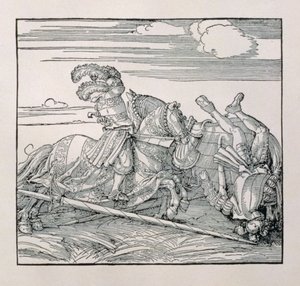 El emperador Maximiliano I de Alemania (1459-1519) derriba a un oponente en una justa, de un libro inédito que glorifica las hazañas caballerescas del emperador, c.1515 de Albrecht Dürer