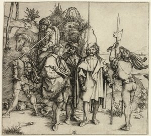 Cinco lansquenetes y un hombre oriental a caballo de Albrecht Dürer