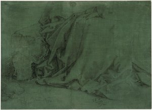 Estudio de paños de una mujer sentada en un banco de piedra de Albrecht Dürer