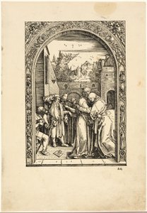 Joaquín y Santa Ana se encuentran en la Puerta Dorada, de La vida de la Virgen de Albrecht Dürer