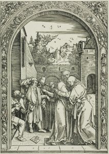 Joaquín y Santa Ana se encuentran en la Puerta Dorada, de La vida de la Virgen de Albrecht Dürer