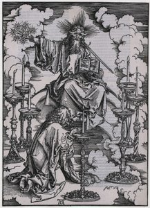 Juan contempla los siete candelabros, figura I, lámina 3 de la serie «El Apocalipsis» de Albrecht Dürer