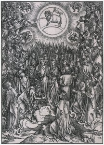 Canto de alabanza de los elegidos en el cielo / Adoración del Cordero, figura XII, lámina 14 de la serie «El Apocalipsis» de Albrecht Dürer
