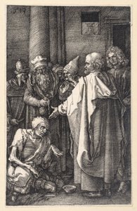 Pedro y Juan curando a un mendigo cojo en el templo (Pasión grabada) de Albrecht Dürer