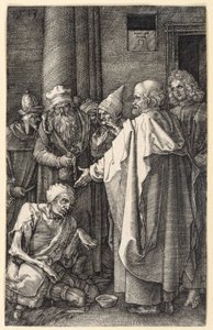 Pedro y Juan curando a un mendigo cojo en el templo (Pasión grabada) de Albrecht Dürer