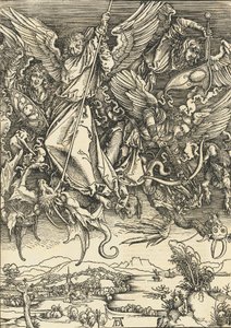San Miguel luchando contra el dragón, probablemente c. 1496-1498 publicado 1511 de Albrecht Dürer