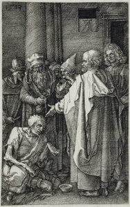 Los santos Pedro y Juan curan a un lisiado en la puerta del Templo de Albrecht Dürer