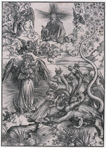 «La Mujer del Sol y el dragón de siete cabezas», figura IX, lámina 11 de la serie «El Apocalipsis» de Albrecht Dürer