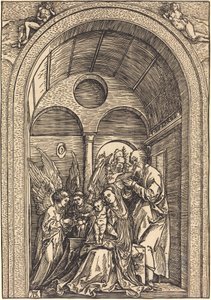 La Sagrada Familia con dos ángeles en un salón abovedado de Albrecht Dürer