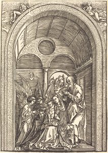 La Sagrada Familia con dos ángeles en un salón abovedado de Albrecht Dürer