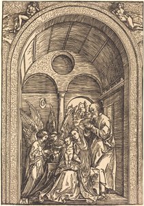 La Sagrada Familia con dos ángeles en un salón abovedado de Albrecht Dürer