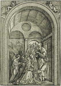 La Sagrada Familia con dos ángeles en una sala abovedada de Albrecht Dürer
