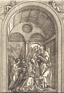 La Sagrada Familia con dos ángeles en un salón abovedado de Albrecht Dürer