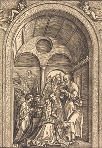 La Sagrada Familia con dos ángeles en un salón abovedado, c. 1504 de Albrecht Dürer