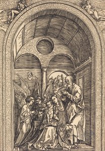 La Sagrada Familia con dos ángeles en un salón abovedado, c. 1504 de Albrecht Dürer