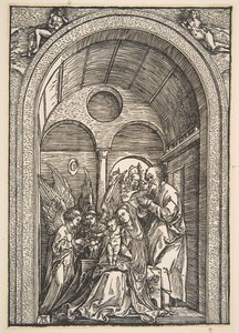 La Sagrada Familia con dos ángeles en un salón abovedado, ca. 1503 de Albrecht Dürer