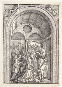 La Sagrada Familia con dos ángeles en un salón abovedado de Albrecht Dürer