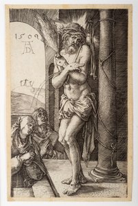 El Hombre de Dolores junto a la Columna con la Virgen y San Juan, de la Pasión Grabada de Albrecht Dürer