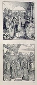 El Arco Triunfal del Emperador Maximiliano I (1459-1519): detalle que muestra dos paneles colocados sobre el portal izquierdo que representan eventos en la vida del Emperador Maximiliano, pub. 1517-28