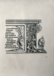 El Arco Triunfal del Emperador Maximiliano I de Alemania: (detalle) de una piel de ciervo con una inscripción alabando las conexiones familiares del Emperador, con una cabra de orejas caídas, símbolo de agudeza de Albrecht Dürer
