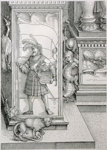 El Arco Triunfal del Emperador Maximiliano I de Alemania: (detalle) de la base de la columna del portal con un relieve tallado de una figura masculina llevando un estandarte y un escudo de armas coronado, pub. 1517-18 de Albrecht Dürer