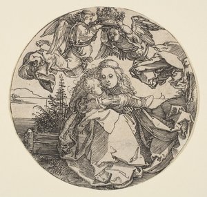 La Virgen y el Niño Coronados por Dos Ángeles sobre un Paisaje, ca. 1504. de Albrecht Dürer