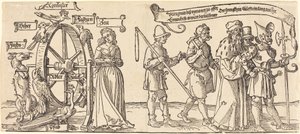 El tiempo y un zorro girando la rueda de la fortuna con personas de todos los rangos a la derecha de Albrecht Dürer