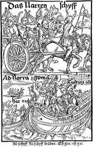 Página de título de una edición de La nave de los necios, de Sebastian Brant, 1494 de Albrecht Dürer