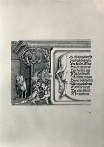 El Arco Triunfal del Emperador Maximiliano I de Alemania: (detalle) de una piel de ciervo con una inscripción alabando las conexiones familiares del Emperador, con una cabra de orejas caídas, símbolo de agudeza de Albrecht Dürer