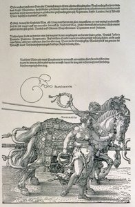 Carro triunfal del emperador Maximiliano I de Alemania (1459-1519): detalle de los equipos de caballos, guiados por dos Virtudes, Providencia y Moderación, pub. c.1518 de Albrecht Dürer