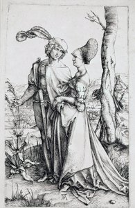 Una pareja caminando, observada por la Muerte escondida detrás de un árbol, sosteniendo un reloj de arena. Grabado de Albrecht Durer (1471-1528) 1496-1498. Dim. 19x12 cm Berlín, gabinete de grabados de Albrecht Dürer