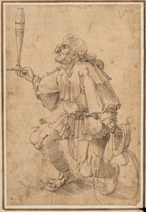 Un hombre grotesco arrodillado, sosteniendo un vaso alto de cerveza en su base de Albrecht Dürer