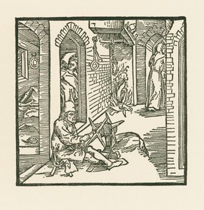Un fabricante de cuerdas ve a un monje salir de la cámara de su esposa infiel de Albrecht Dürer or Duerer