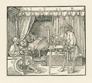 Un artista dibuja a un hombre sentado en un plano de cristal a través de una veleta de Albrecht Dürer or Duerer