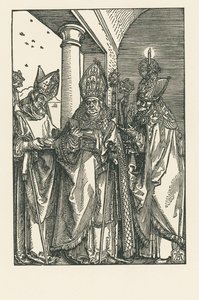 El obispo San Nicolás, los santos Ulrico y Erasmo, c.1505 (xilografía) de Albrecht Dürer or Duerer
