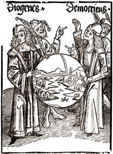 Diógenes (-413 - -327) y Demócrito (-460 - -370) - en “Das Narrenschif (El barco de los locos)” de Sébastien Brandt (1458 - 1521). Grabado. de Albrecht Dürer