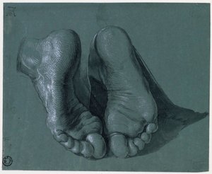 Etude de pieds - Estudio de dos pies - Dibujo de Albrecht Durer (1471-1528), acuarela, color blanco, tiza negra sobre papel, c1508 (17,6x21,6 cm) - Museo Boijmans Van Beuningen, Rotterdam