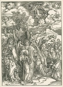 Cuatro ángeles deteniendo los vientos y la firma de los Elegidos. El Apocalipsis de San Juan, c.1497-98 (xilografía) de Albrecht Dürer or Duerer