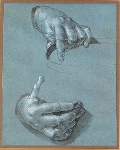 Manos - Dos estudios (dibujo a la tiza sobre papel azul ) de Albrecht Dürer or Duerer