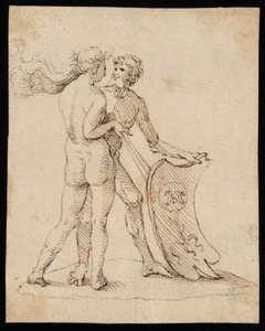 Mujer y hombre desnudos con el escudo de armas de Willibald Pirckheimer de Albrecht Dürer
